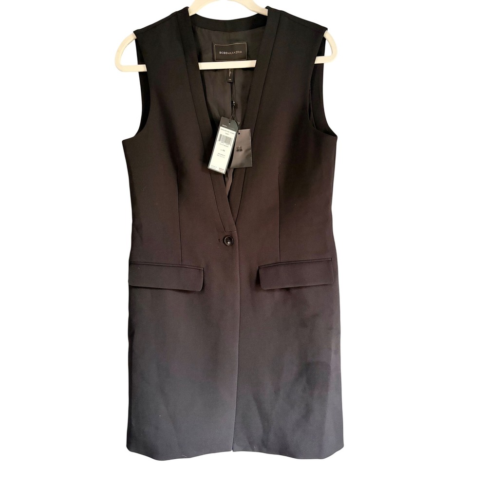 BCBGMAXAZRIA EAN Sleeveless Blazer Vest Black Single Button Flap Pockets NWT XS